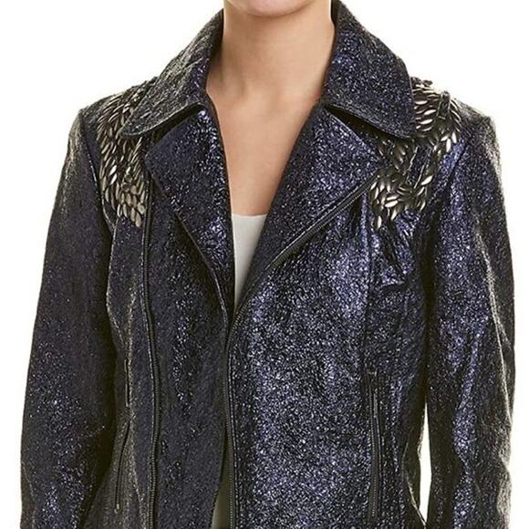 ELIE TAHARI WOMENS MAE LAMB LEATHER METALLIC Moto jacket size XL NEW $1798 MSRP - Picture 3 of 16